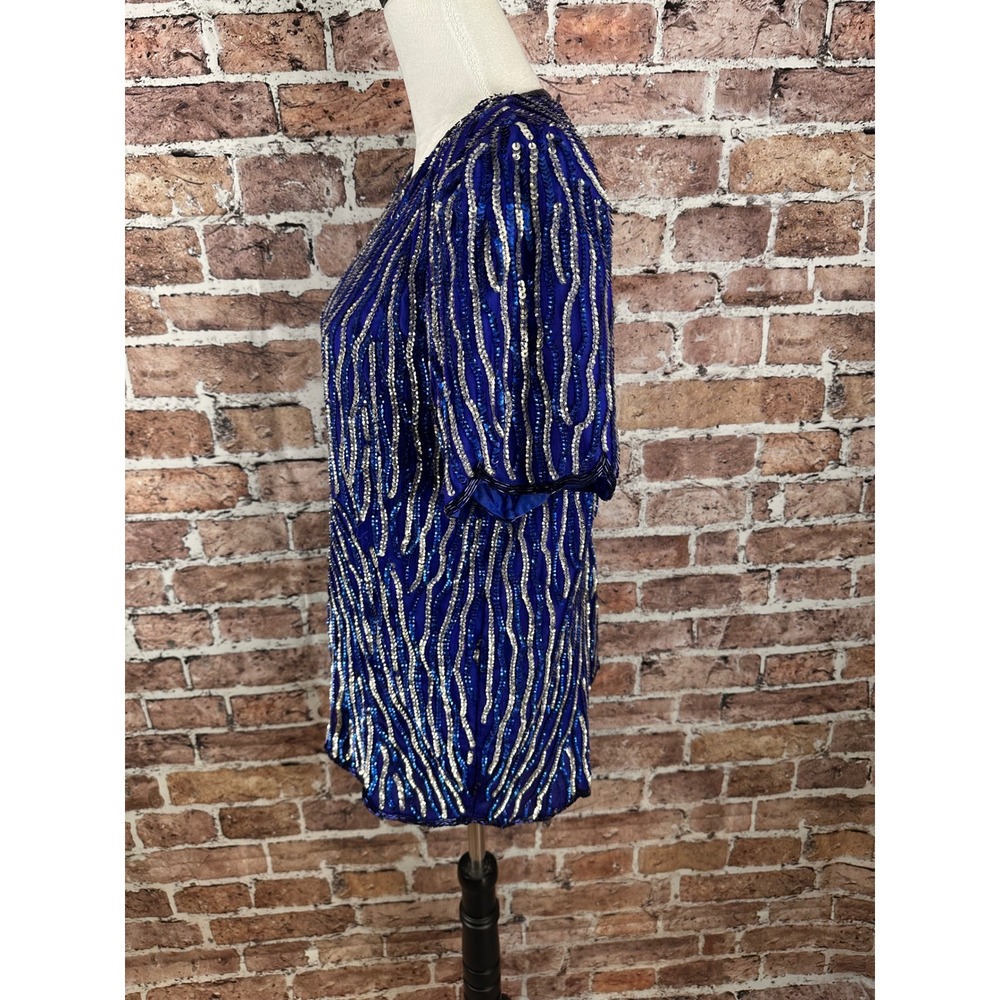 Jewel Queen Vintage Royal Blue Beaded Silk Sequin Evening Top Short Sleeve L - Picture 8 of 15